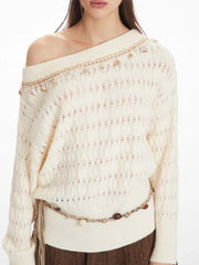 Mermaidcore Shell Embellished Off-Shoulder Sweater - TEVQA
