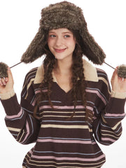 90s Retro Mocha & Berry Striped Polo Sweater - TEVQA