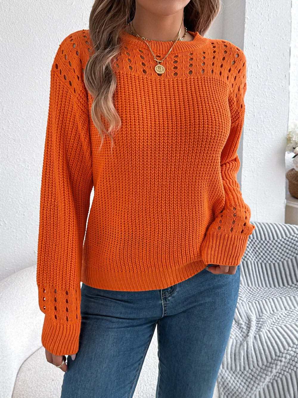 Burgundy Pointelle Knit Lantern Sleeve Sweater - View 6 | TEVQA