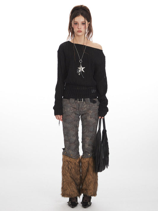 Vintage Black Textured Off-Shoulder Slouchy Top