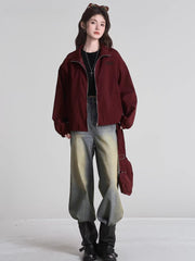 Burgundy Oversized Utility Zip-Up Windbreaker Jacket