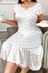 Plus Size White Floral Nightgown with Pink Bow & Ruffle Hem, Short Sleeve Midi Sleep Dress - Sweet Loungewear