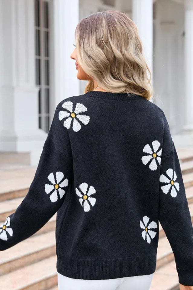 Cream floral knit pullover sweater - View 8 | TEVQA