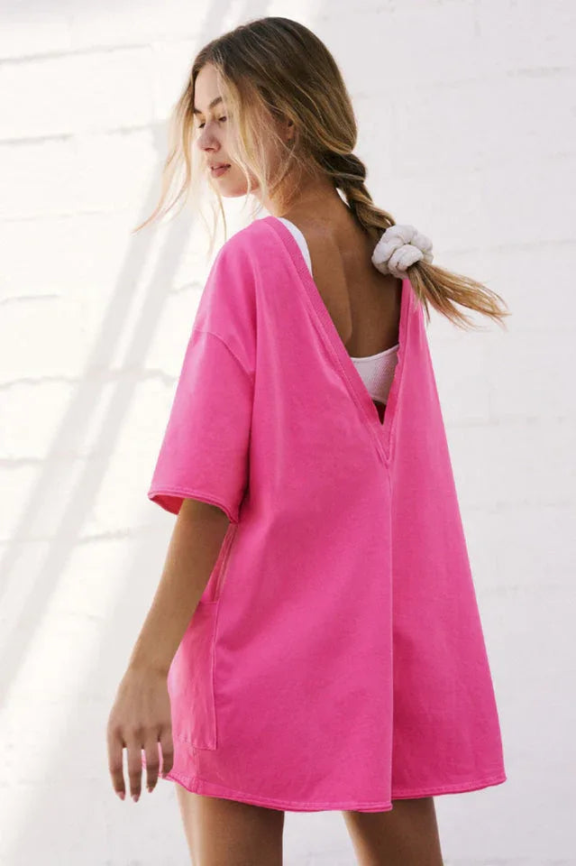 Oversized Crew Neck Romper with Open Back - View 28 | TEVQA