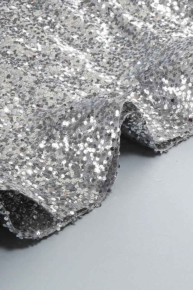 Silver sequin maxi dress with mock neck and fringe detail - View 15 | TEVQA