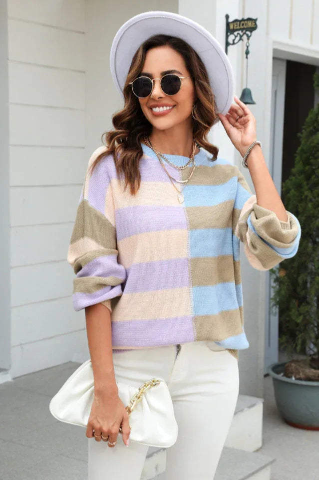 Color Block Striped Knit Sweater - View 11 | TEVQA