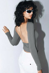 Ribbed knit long sleeve top with open back - View 24 | TEVQA