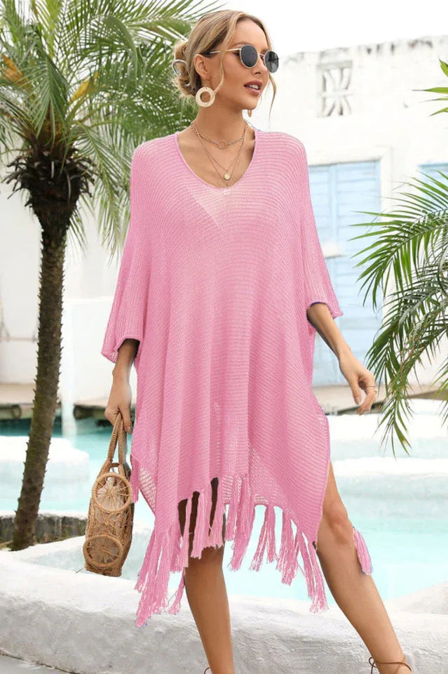 Openwork knit beach cover up with fringe hem - View 18 | TEVQA