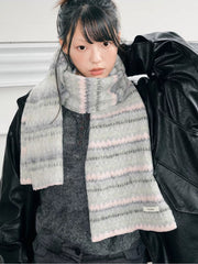 Soft Fair Isle Style Geometric Knit Scarf Grey Pink