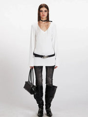 90s Minimalist Longline V-Neck Tee - TEVQA