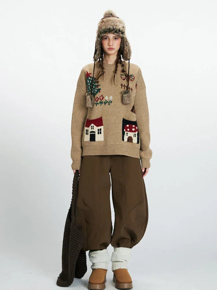 Whimsical Holiday House Pocket Sweater - TEVQA