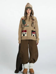 Whimsical Holiday House Pocket Sweater - TEVQA