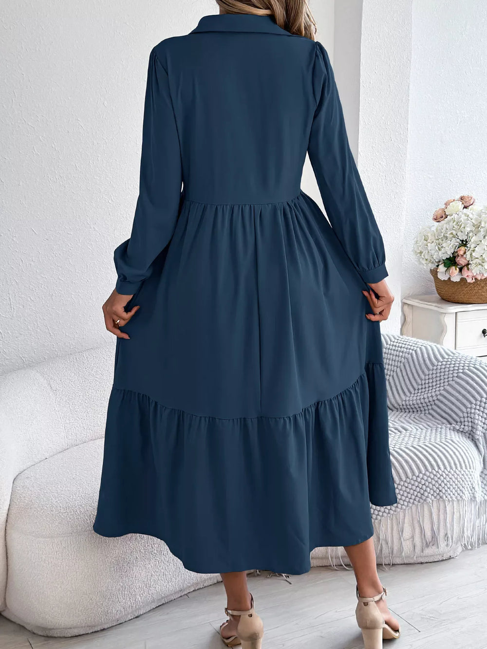 Navy Blue Ruffled Tiered Shirt Dress - View 6 | TEVQA