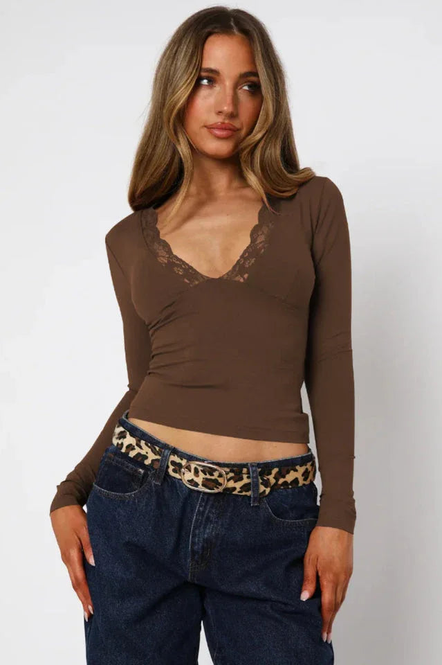 Lace Trim V-Neck Long Sleeve Top - View 21 | TEVQA