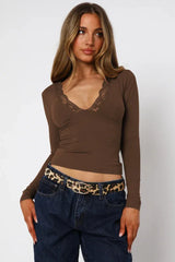 Lace Trim V-Neck Long Sleeve Top - View 21 | TEVQA