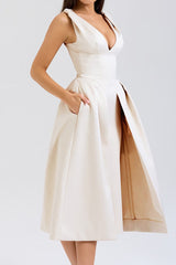 Deep V Neck Cinch Waist Satin Midi Dress | Dress In Beauty