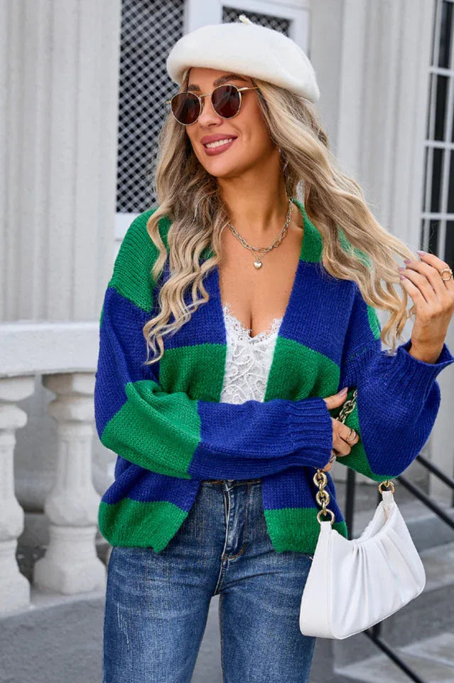 Vibrant Color Block Striped Cardigan - TEVQA