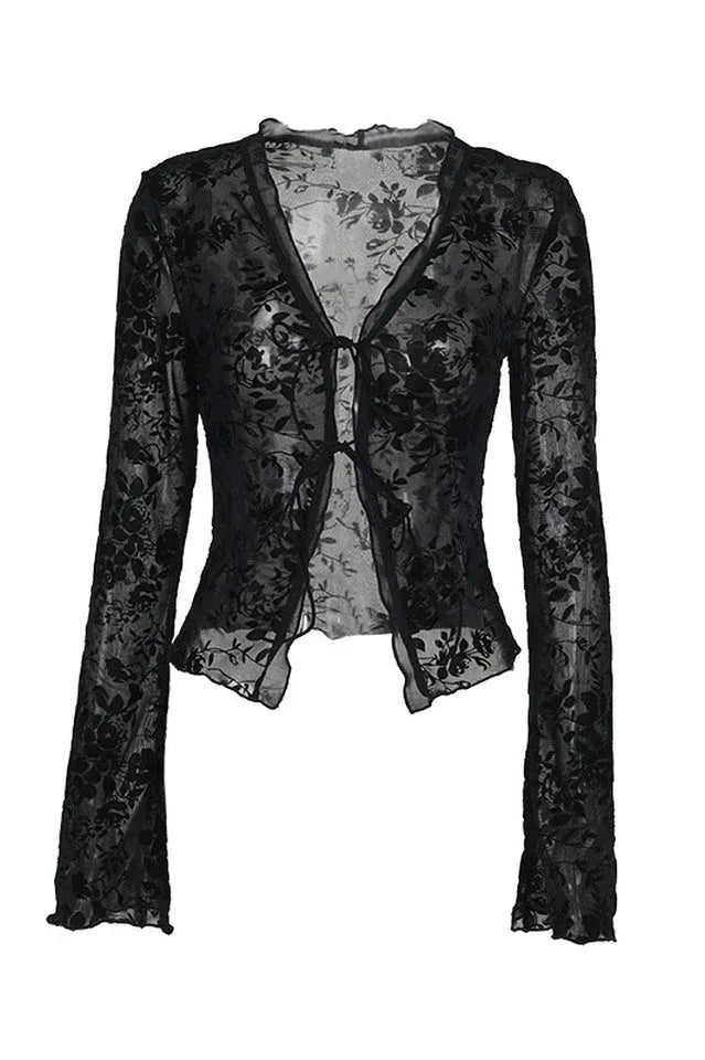 Floral burnout mesh top with bell sleeves - View 7 | TEVQA