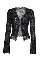 Floral burnout mesh top with bell sleeves - View 7 | TEVQA