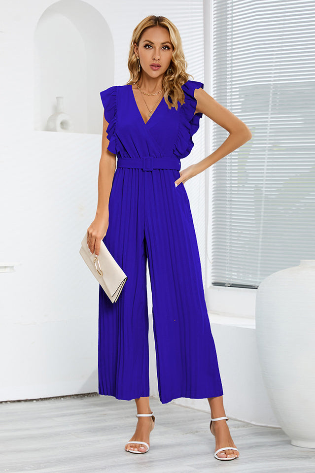 V-Neck Pleats Belted Jumpsuit | Dress In Beauty