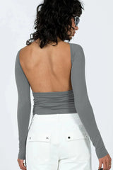 Ribbed knit long sleeve top with open back - View 25 | TEVQA