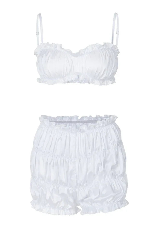 Satin short set with adjustable straps and gathered detail - View 18 | TEVQA