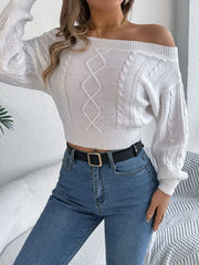 Khaki Off-Shoulder Cable Knit Sweater - View 14 | TEVQA