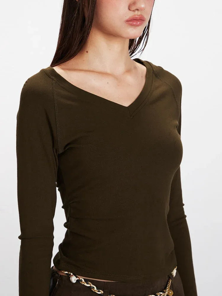 Vintage Dark Olive V-Neck Raglan Crop Top - TEVQA