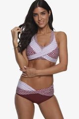 Plus size two-piece swimsuit with halter neck and high-waisted bottoms - View 6 | TEVQA