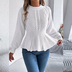 White Cable Knit Peplum Sweater - TEVQA