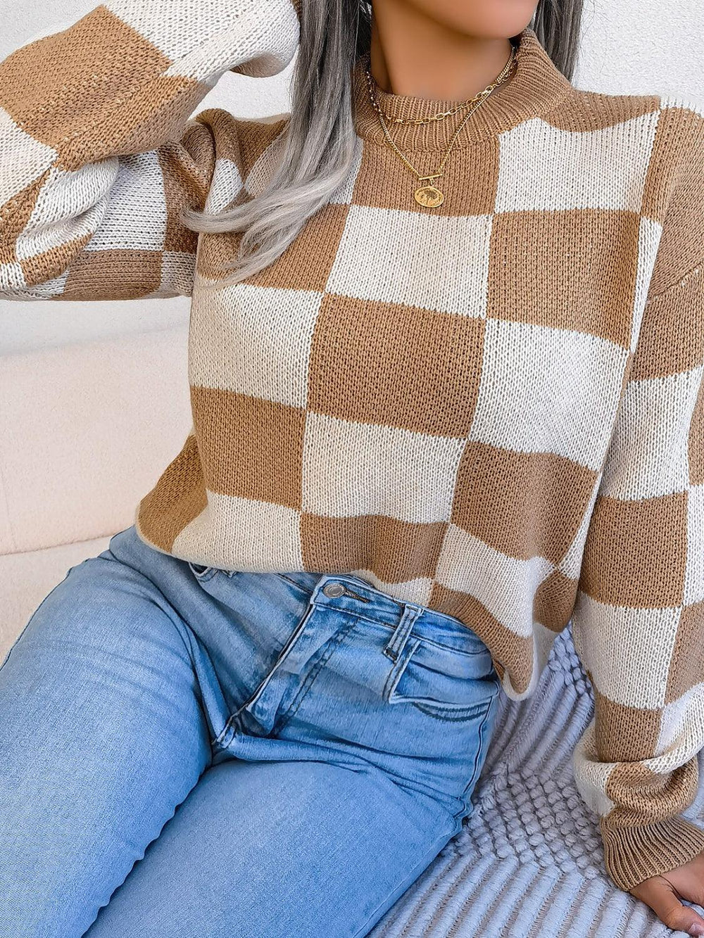 Black and white checkerboard knit mock neck sweater - View 9 | TEVQA