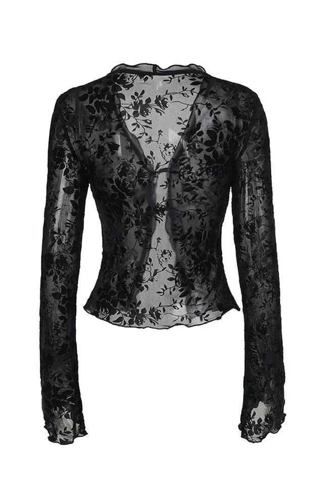 Floral burnout mesh top with bell sleeves - View 8 | TEVQA