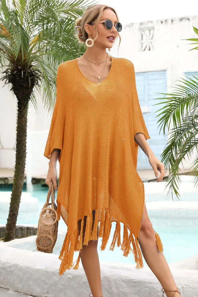 Openwork knit beach cover up with fringe hem - View 21 | TEVQA