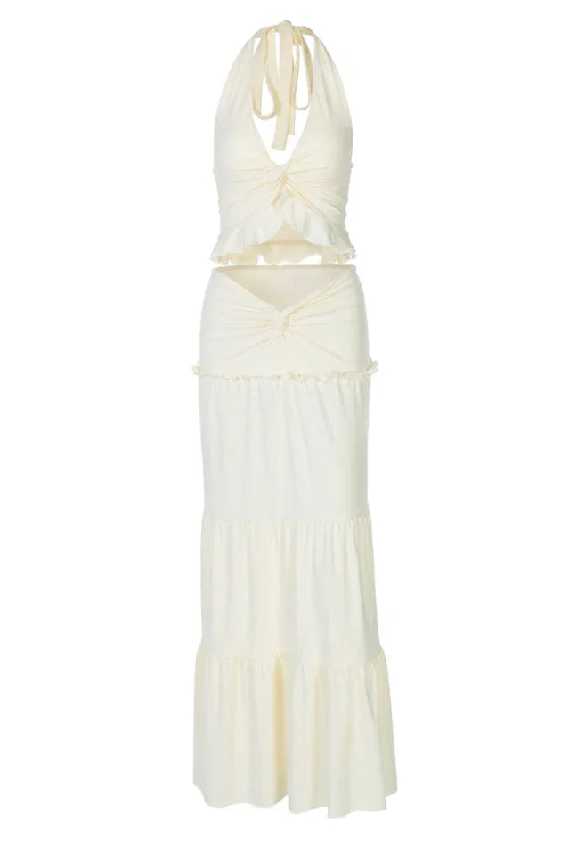 Elegant two-piece maxi skirt set with halter neckline and tiered skirt - View 15 | TEVQA