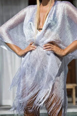 Metallic knit kimono cover up with fringe detail - View 17 | TEVQA