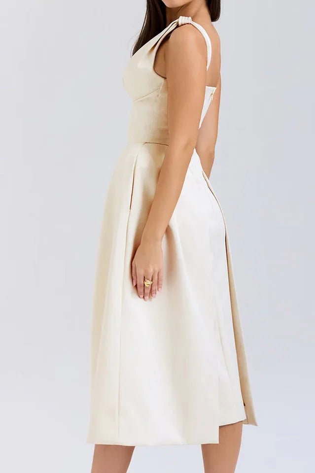 Fitted Satin Midi Dress with V-Neckline - View 7 | TEVQA