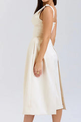 Fitted Satin Midi Dress with V-Neckline - View 7 | TEVQA