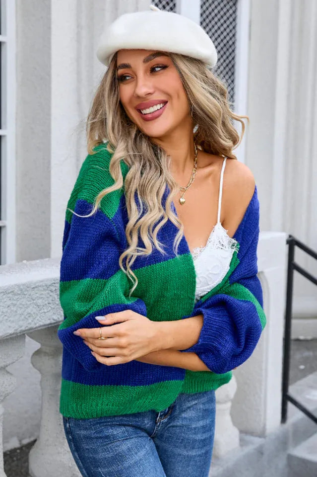 Vibrant Color Block Striped Cardigan - TEVQA
