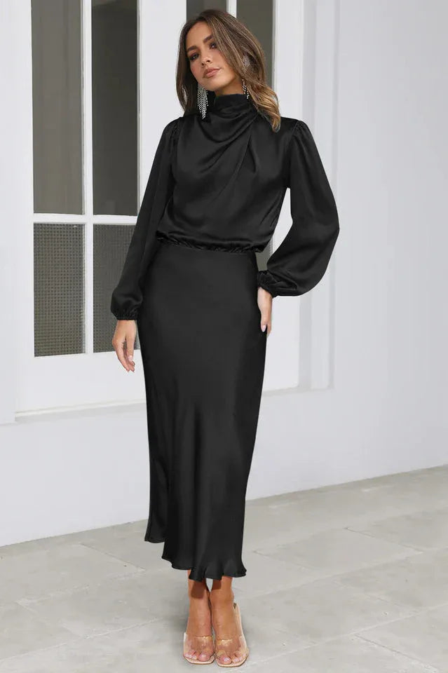 High Neck Satin Midi Dress - View 27 | TEVQA