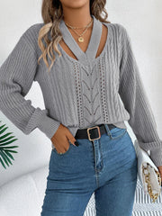 White Cutout V-Neck Cable Knit Sweater - TEVQA