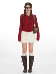 Coquette Cherry Red Bow Pointelle Cardigan - TEVQA