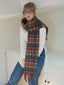 Model wearing a white cable knit cropped sweater, blue denim jeans, a plaid scarf, and glasses, leaning against a shelf.