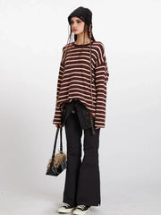 Vintage Burgundy Striped Oversized Long Sleeve Tee - TEVQA