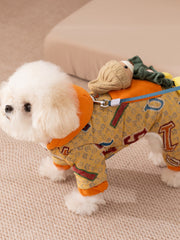 Yellow Graffiti Hooded Pet Jumpsuit with 3D Bear Doll