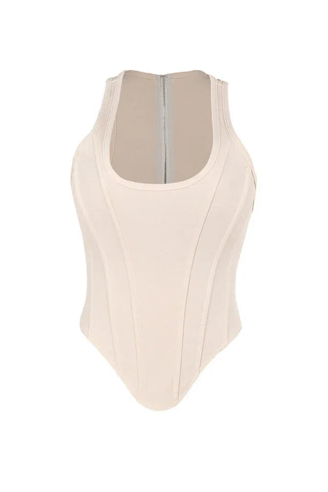 Beige Sculpting Corset Waist Tank Top - TEVQA