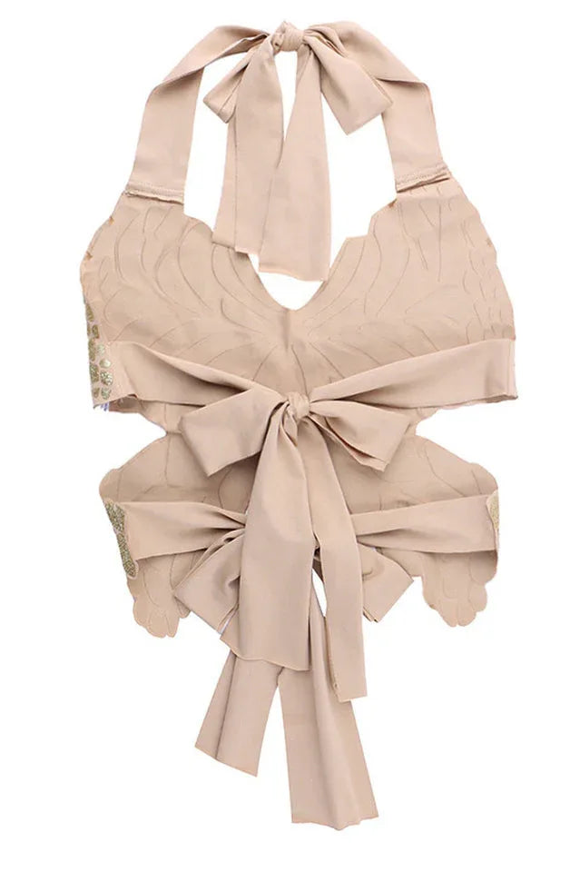Gold sequin butterfly halter crop top - View 13 | TEVQA