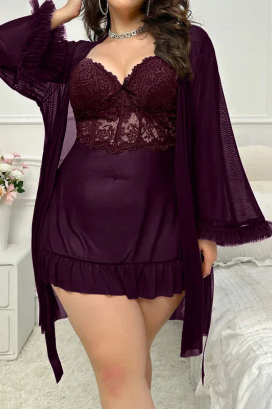 Plus-size babydoll nightgown with a matching sheer robe, front view
