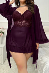 Plus Size Plum Mesh Robe & Lace Chemise Set, 2-Piece Peignoir Sleepwear - Sexy Lingerie