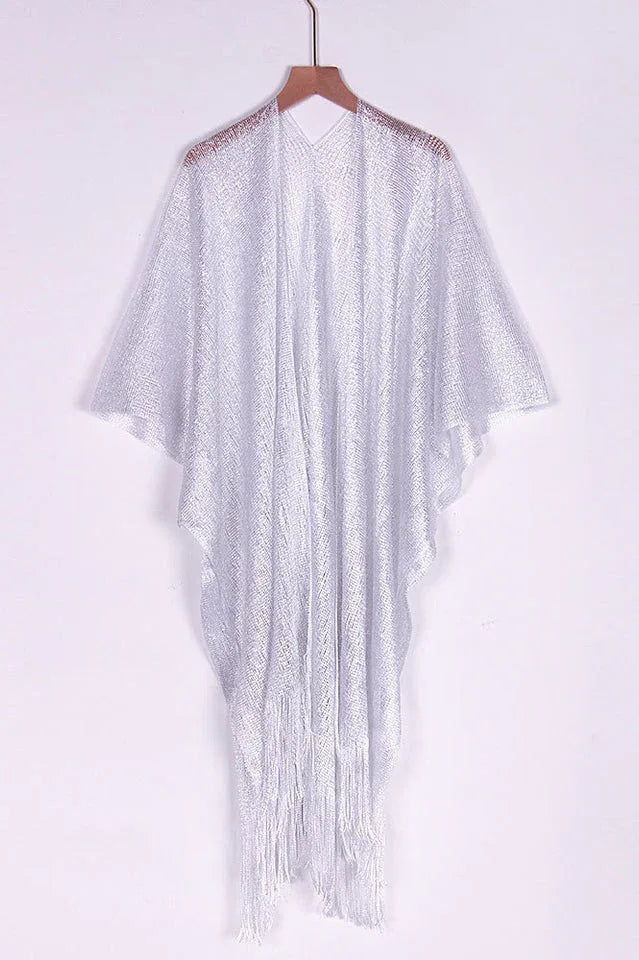 Metallic knit kimono cover up with fringe detail - View 18 | TEVQA