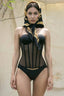 Woman wearing a black strapless boned corset with sheer panels and a patterned headscarf.